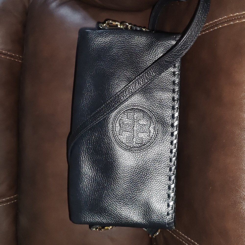 EUC Tory Burch Black Leather Marion Foldover Crossbody Bag